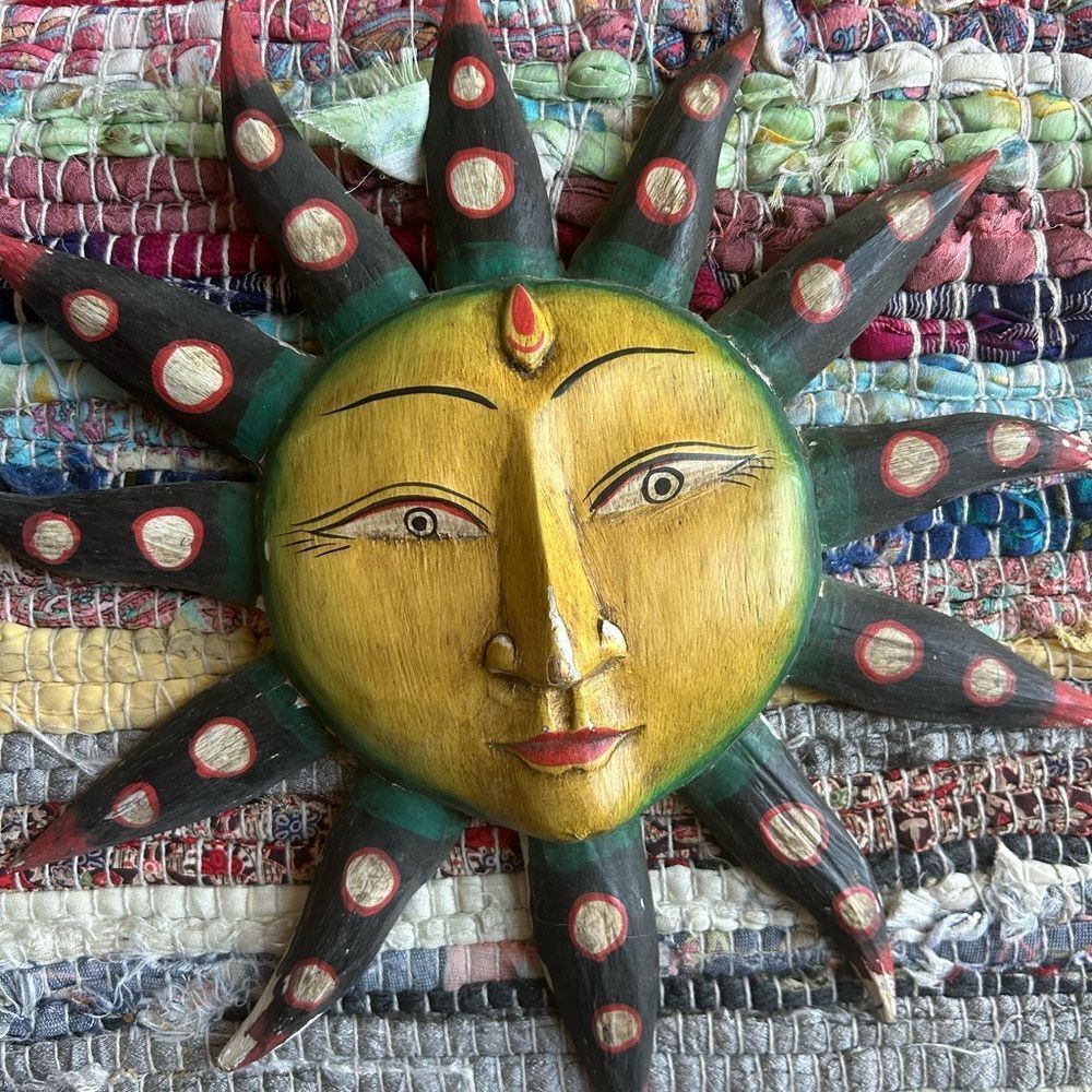 Vintage 90s 11.5" Handcarved Wooden Celestial Sun Wall Decor Indonesia Whimsy